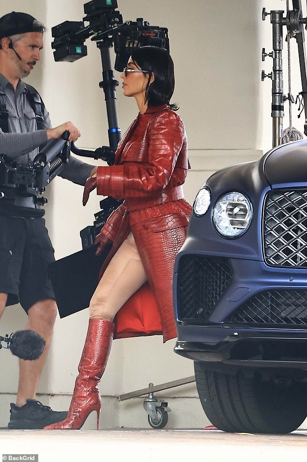 The 43-year-old reality queen-turned-actress, who wowed audiences with her latest turn on American Horror Story , was photographed in Camarillo, Calif., on Friday, stunning in a bold, fiery red leather ensemble