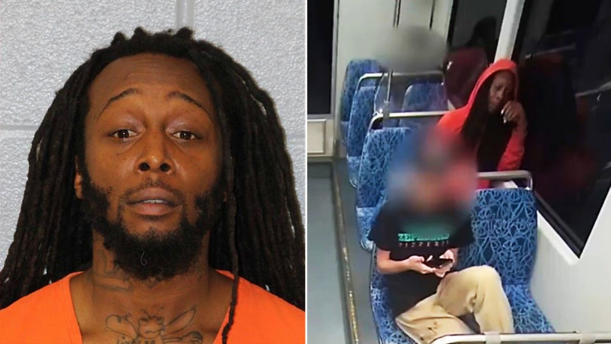 Split image showing Decartlo's brown mugshot and shooting from light rail