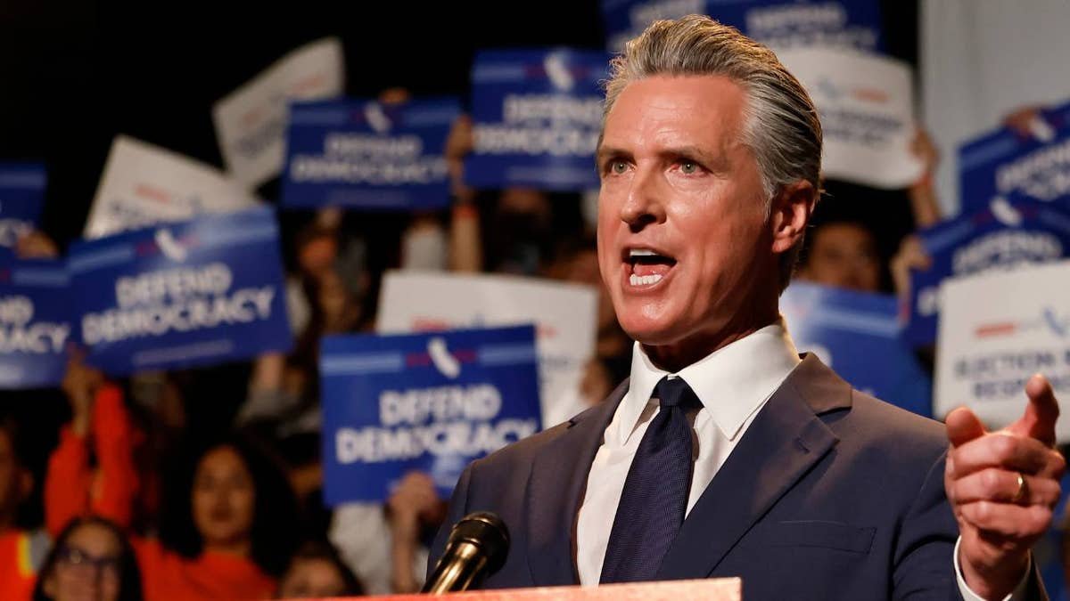 California Gov. Gavin Newsom speaks by a demonstration.